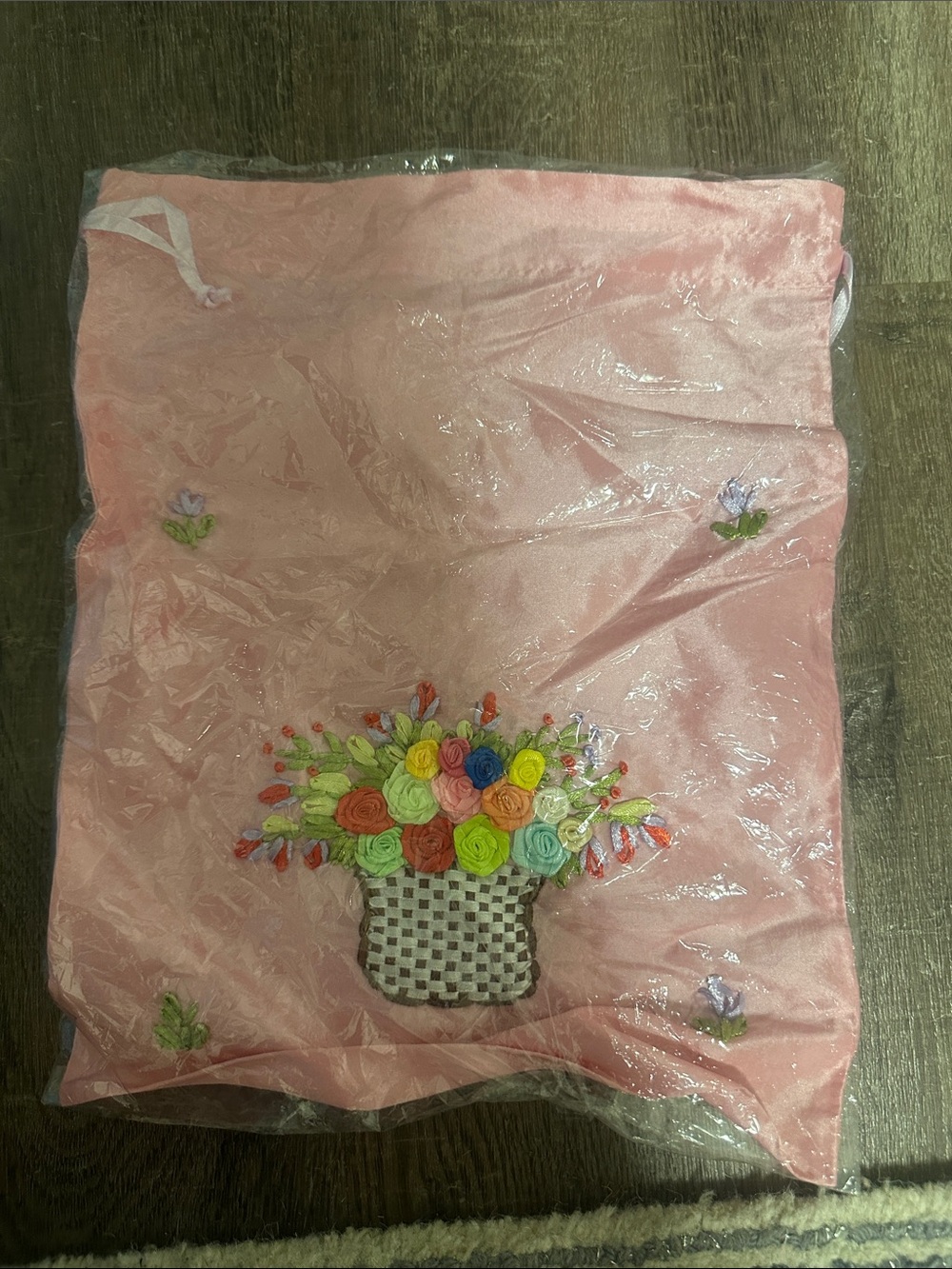 Drawstring Shoe Bag Pink Embroidered Flower Basket